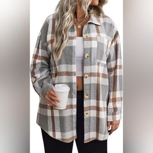 NWOT Plaid Button-Front Shacket - Gray & Brown
